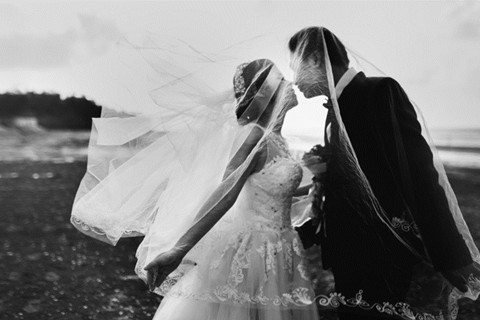 The picture shows kiss under the wedding dress