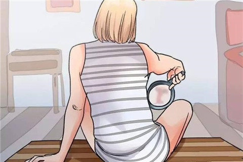 The picture shows a woman looking at her private parts