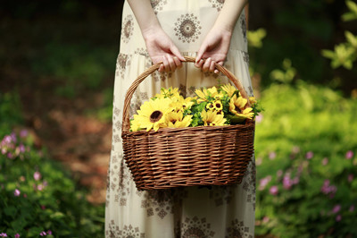 The picture shows a girl with a flower basket
